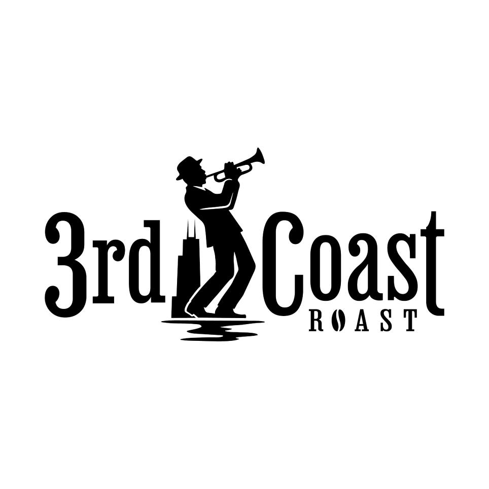 3rd Coast Roast logo. In between 3rd and Coast is an image of a man playing a trumpet. Below him is a silhouette of the Willis/Sears tower. Underneath both is a wave water reflection.
