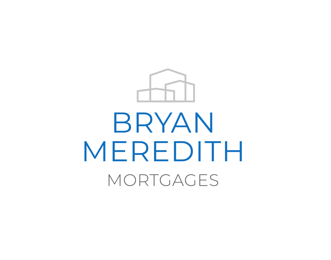 Bryan Meredith Mortgages logo. Modern Sans serif font. Above the text is an line illustration of three, overlapping home icons.