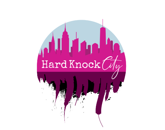 Hard Knock City logo. Circular shape. Bright pink skyline cityscape on top. Inverted mirror image of skyline below center line with maroon and black colors. City is distorted and wavy.